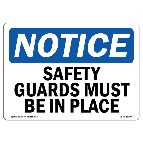 OSHA Sign, Safety Guards Must Be In Place, 5in X 3.5in Decal, 10PK, 3.5" W, 5" L, Landscape, PK10